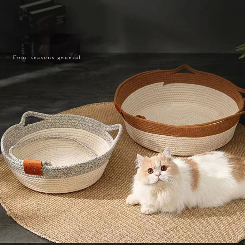 MADDEN Japanese Pet Cat Bed Round Hand Woven Rattan Cat Beds Summer Cooling Kitten Basket Cotton Rope Cat Scratching Baskets