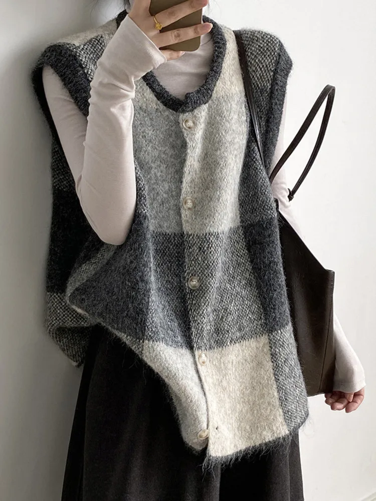 WHTREND Farbe Block Plaid Gestrickte Pullover Weste Für Frauen Rundhals Einreiher Strickjacke Lose Mäntel Mode Herbst Winter