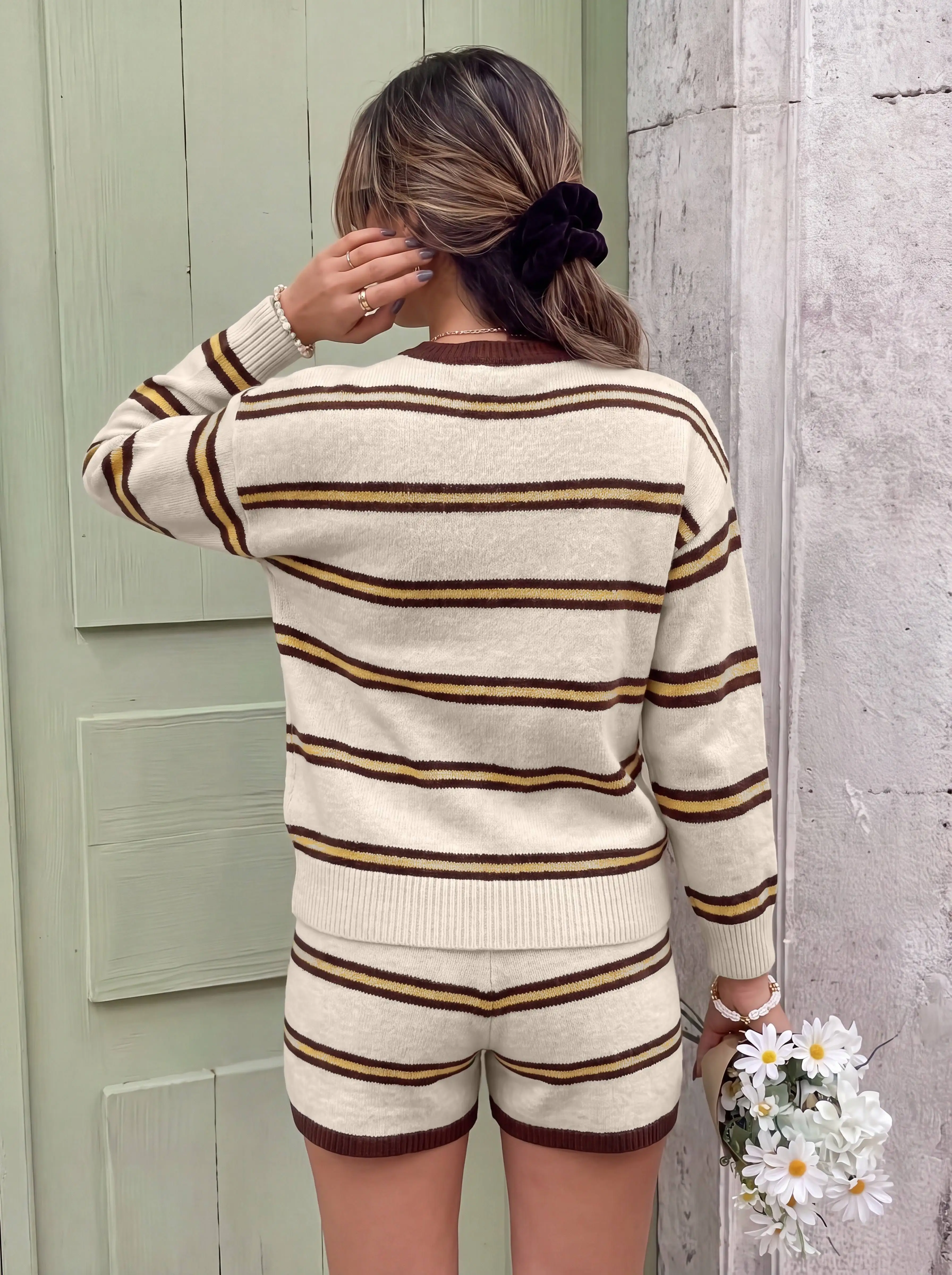 Women's Casual Striped Knit Sweater Shorts Set Long Sleeve Crew Neck Loungewear view 2
