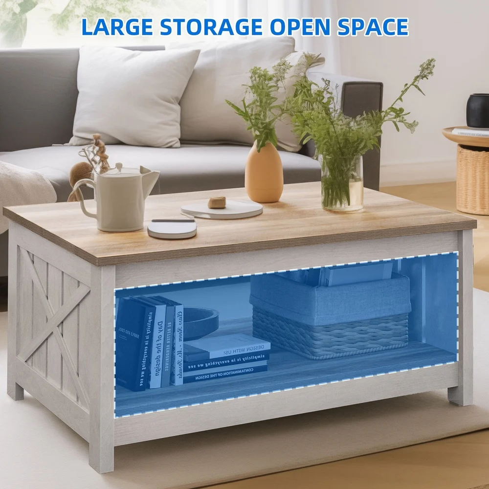 Farmhouse Square Coffee Table with Open Storage Sliding Barn Door Adjustable Feet Durable Wood Gray Wash Indoor Use