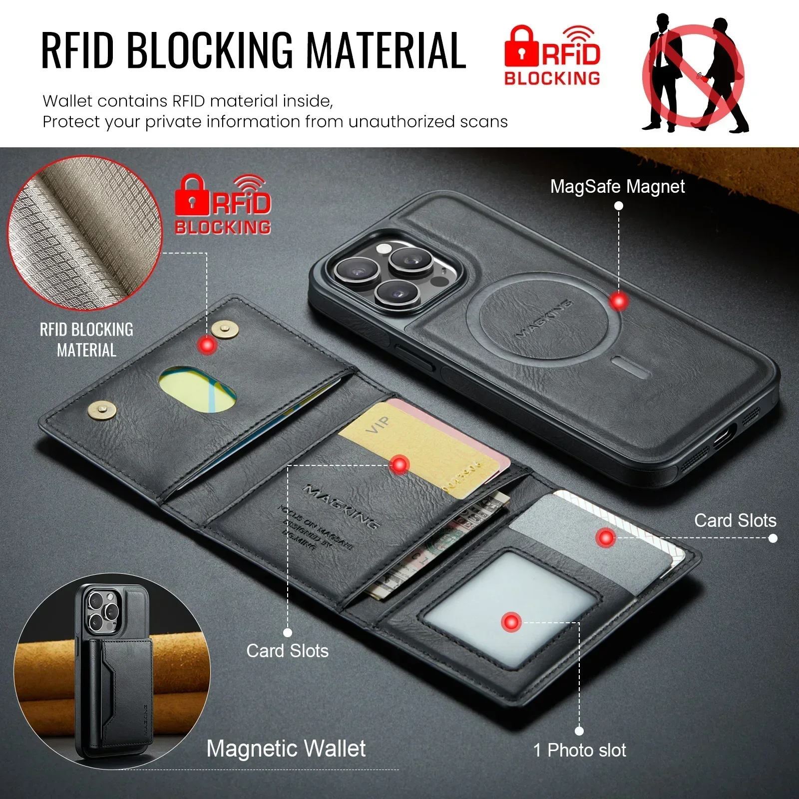 Detachable Premium Magnetic Wallet Case for  iPhone 17 16 15 14 13 12 ProMax RFID Blocking PU Leather with Card Holder