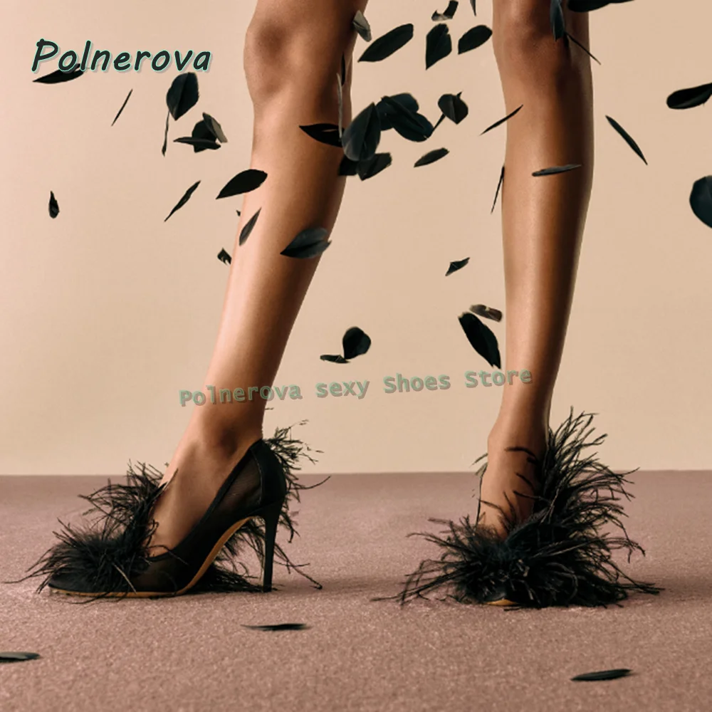 Black Feather Shallow Party Sandals Pointed Toe Stiletto Side Air Fringe Women Sexy Pumps 2025 Fashion Runway Show Shoes Trend