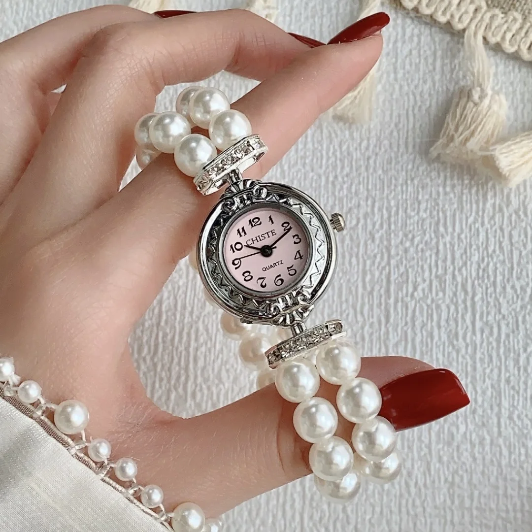 ساعات نسائية سوار من اللؤلؤ الأبيض ساعات نسائية فضية مستديرة صغيرة ساعات كوارتز نسائية Relojes Para Mujer
