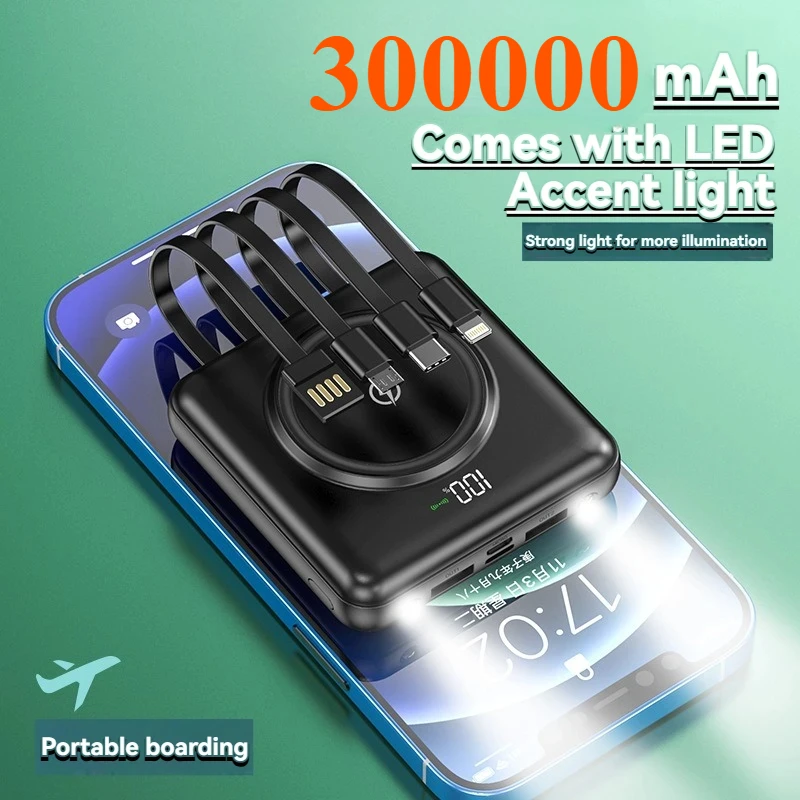 

300000mAh Wireless Power Bank Built-in Four Wires Portable Ultra-thin Fast Charging Large Capacity Mobile Power Bank