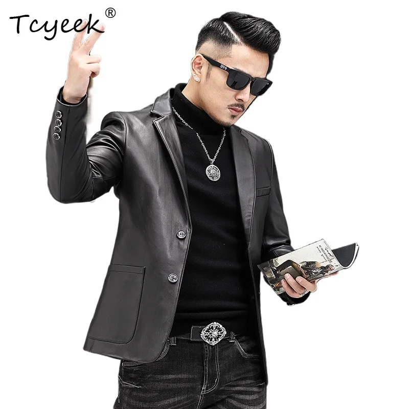 

Tcyeek из овчины, весна-осень, элитный модный черный костюм с воротником, мужская куртка из натуральной кожи Куртка Кожаная Мужская 가죽 자켓