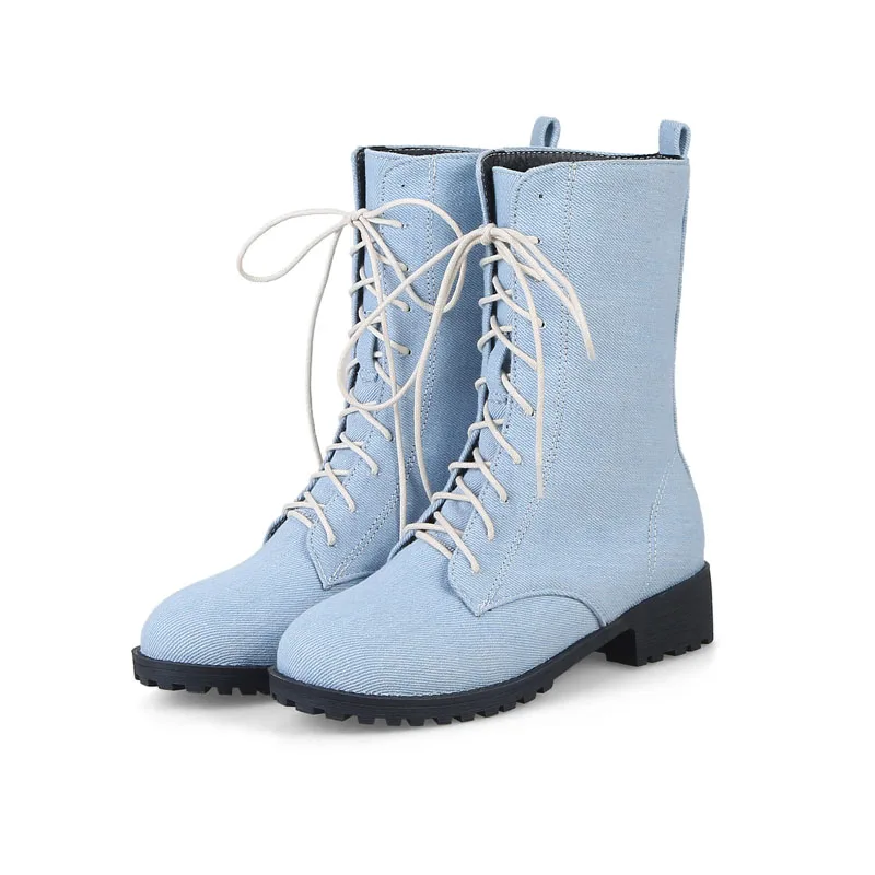 New Autumn Winter Denim Women Boots Chunky Heel Platform Round Toe Ladies Shoes Casual Lace Up Ankle Boots for Women WSH5220 view 3