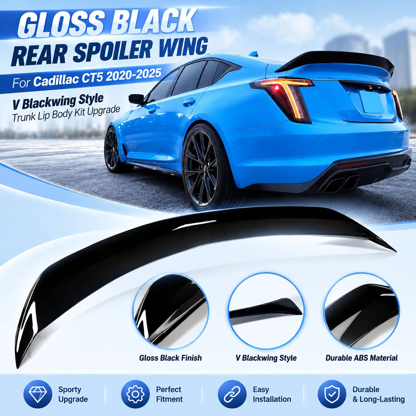 Gloss Black Rear Spoiler Wing For Cadillac CT5 2020-2025 V Blackwing Style Trunk Lip Body Kit Upgrade