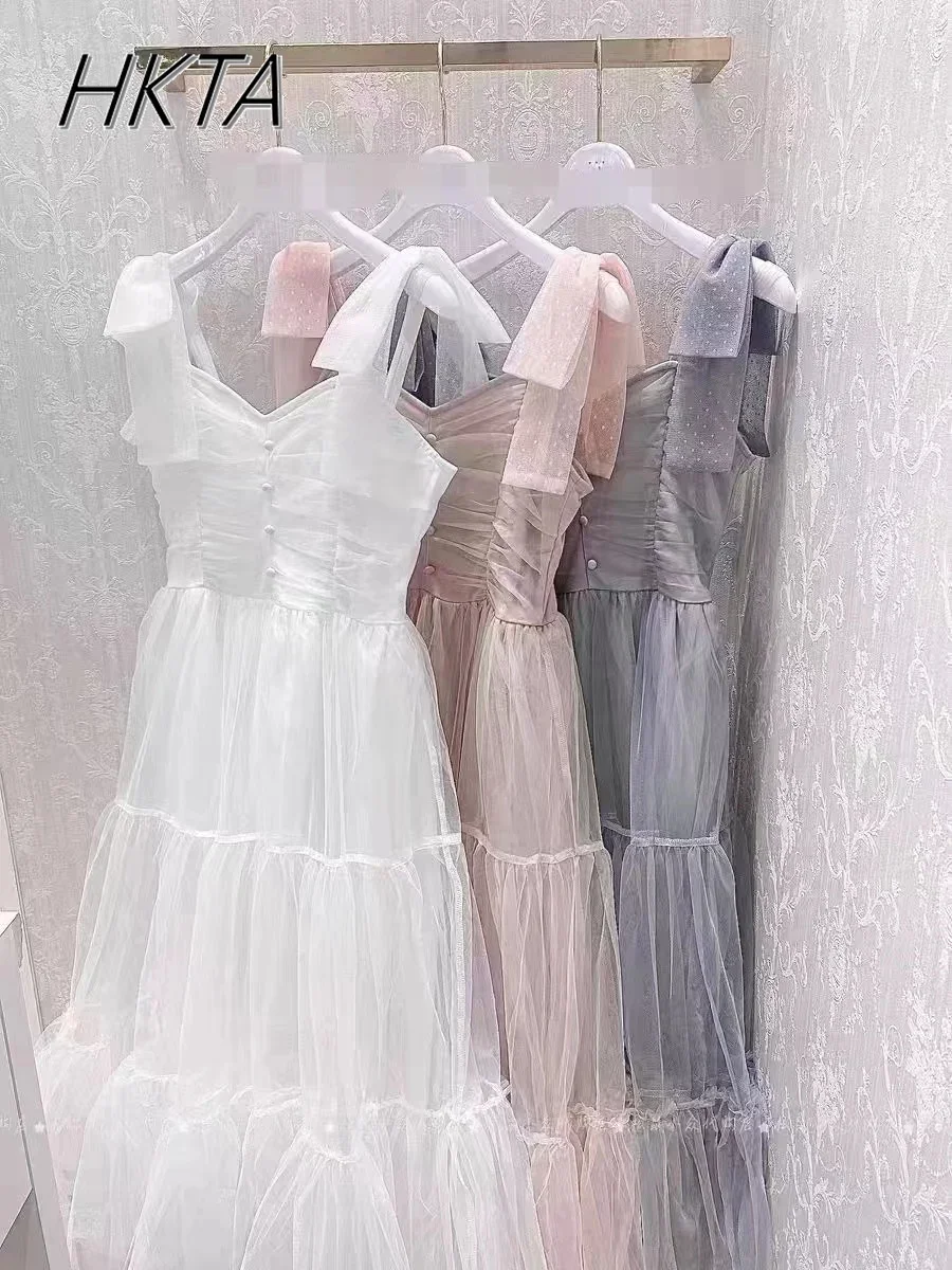 

Japanese Style Niche Women Dresses Spring Summer Autumn Girl Sweet Bow Mesh Dress Lolita Cute Fairy Long Suspender Dress
