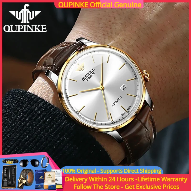 

OUPINKE 3269 Luxury Swiss Movement Men Mechanical Watch Leather Strap Top Brand Ultra Thin Waterproof Sapphire Mirror Men Watch