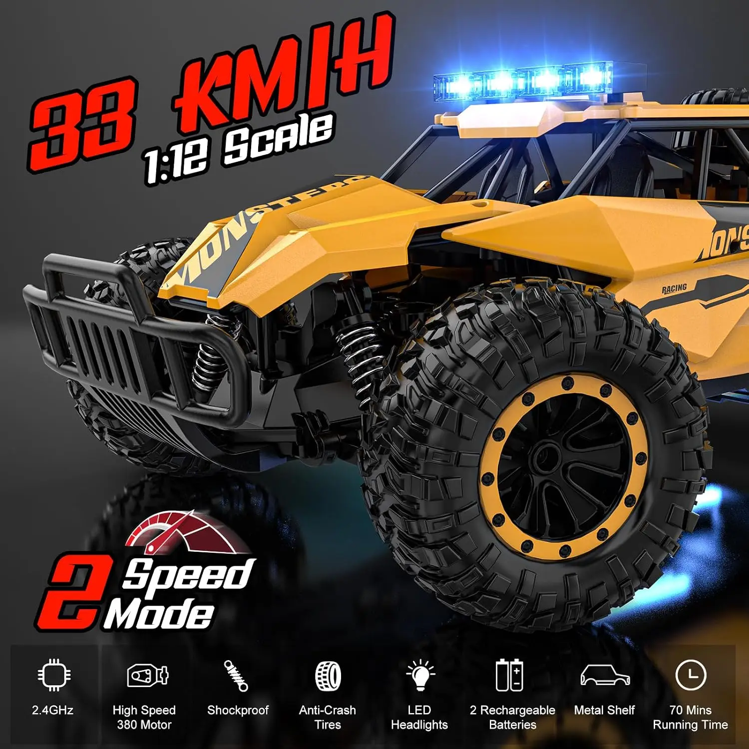 Remote Control Car for Boys, RC Cars, 1:12 Monster RC Truck Off Road with LED Headlight and Rechargeable Battery Gifts for Adult