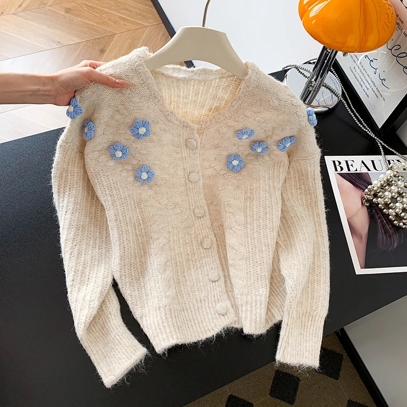 Ele ثلاثية الأبعاد سترة مشغولة من الصوف للنساء الخريف الشتاء مكافحة الشيخوخة تنوعا سترة Quali الصوف تصميم الأزهار Faionable