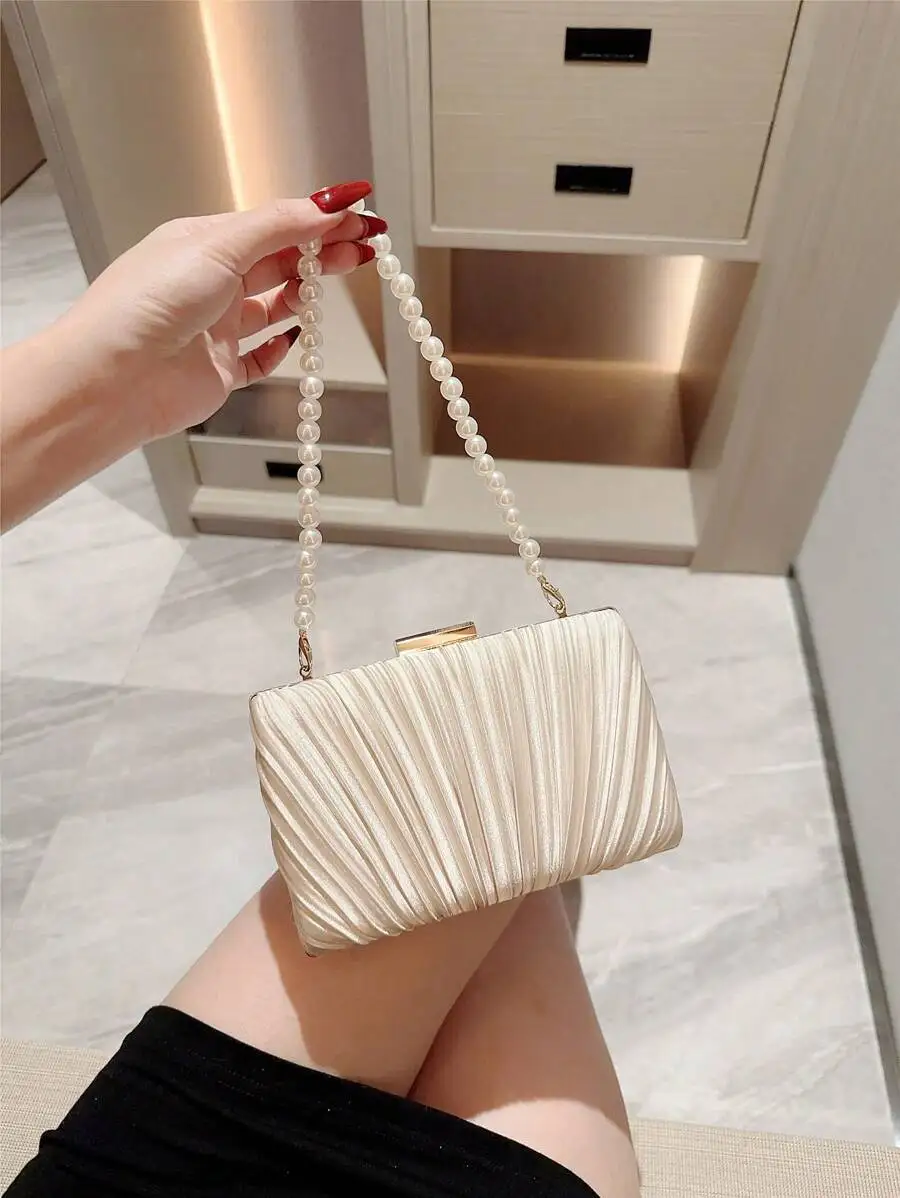 

Quiet Luxury Pleated Faux Pearl Box Bag, Elegant Chain Evening Clutch, Ideal for Wedding Prom Formal Party Dress Matching