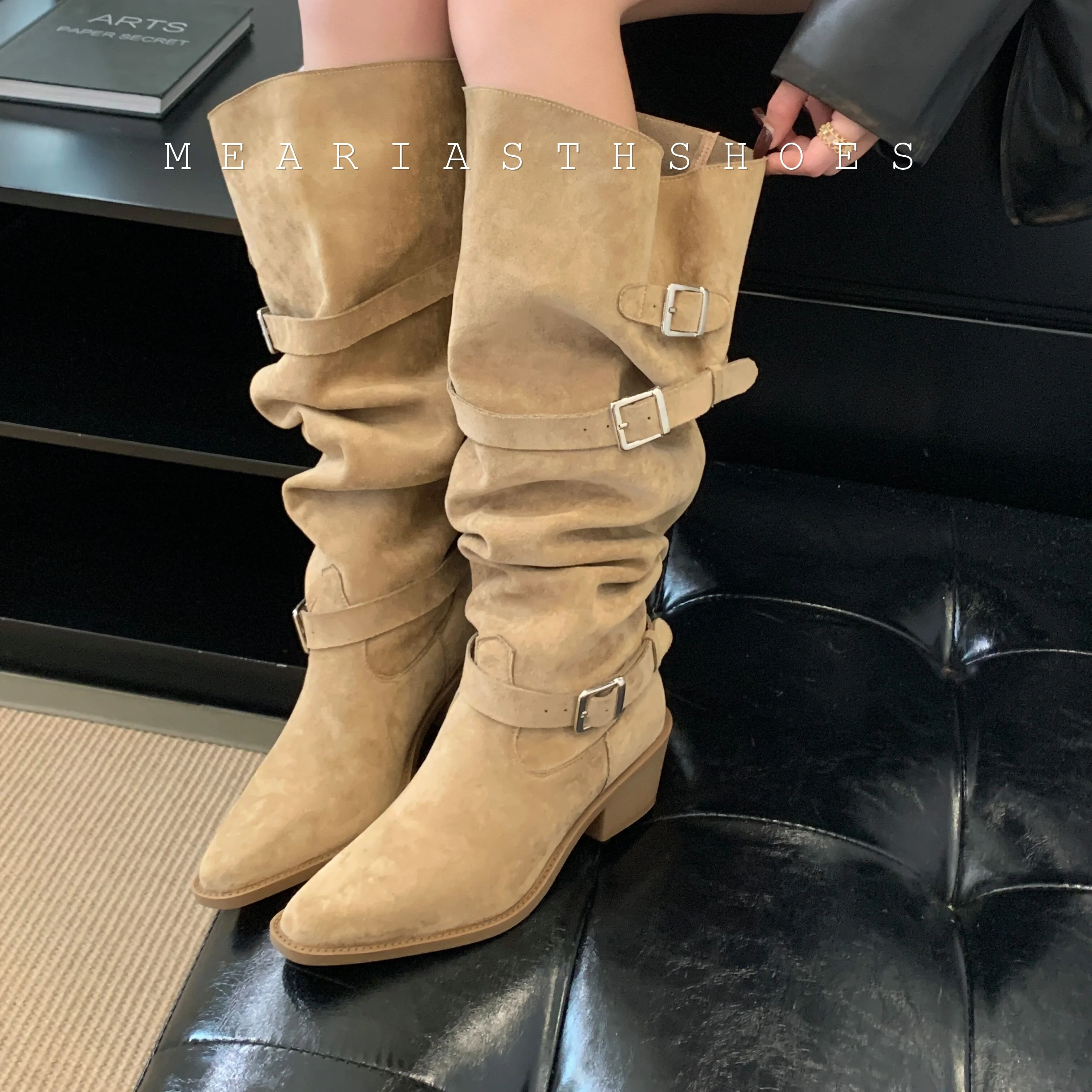 Women High Boots Trend Retro Metal Buckle Pointed Toe Thick Heel Tassle Western Cowboy Boots Female Shoes Botas De Mujer 2026