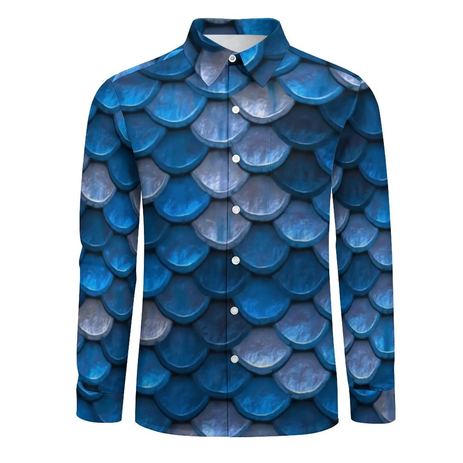 Metallic Colorful Casual Shirts Blue Scales Print Retro Shirt Spring Breathable Oversized Blouse Man Long Sleeve Clothing Gift