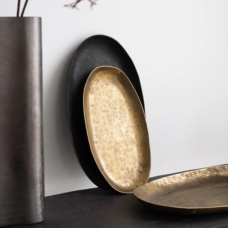 Rattan hammer pattern oval tray gold black aluminum fruit plate home decoration desktop metal plate ornament