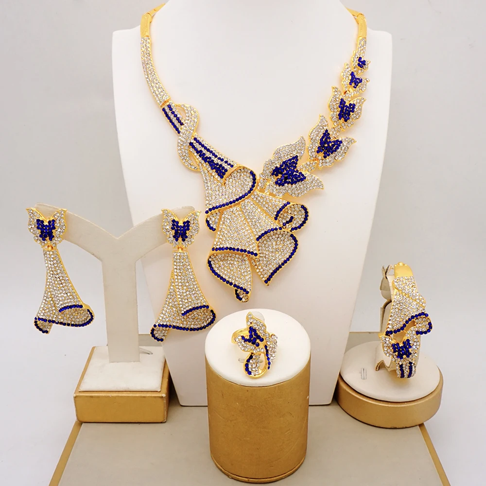 Latest Italian Dubai Gold Color Ladies Full Crystal Necklace Jewelry Set Simple Ring Bracelet Earrings African Jewelry Wedding