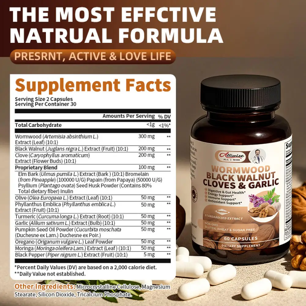 Alliwise Wormwood Black Walnut Capsules with Cloves and Garlic Extract Detox Support Digestive Intestinal Health Immune Health