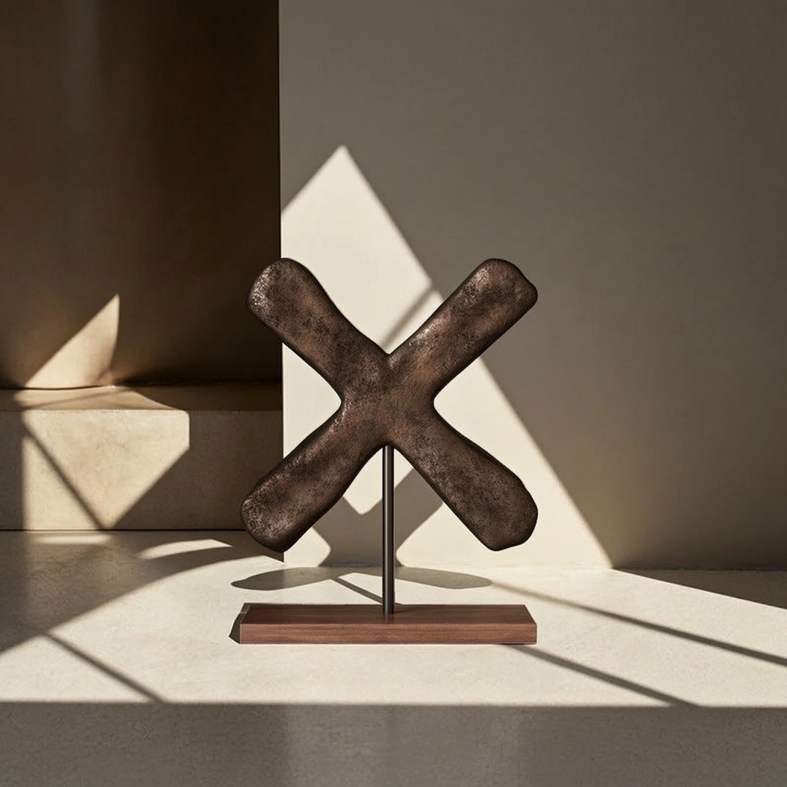 Metal Sculpture with Wooden Base Distressed Metal Sculpture Decorative Ornament Lustrous Decor Wabi-Sabi for Art Lovers
