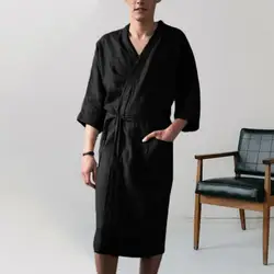 Men Nightgown Men Bath Robe Soft Water Absorption Lace Up Cardigan Sleepwear Three Quarter Sleeves Loose Men Bathrobe Nightgown