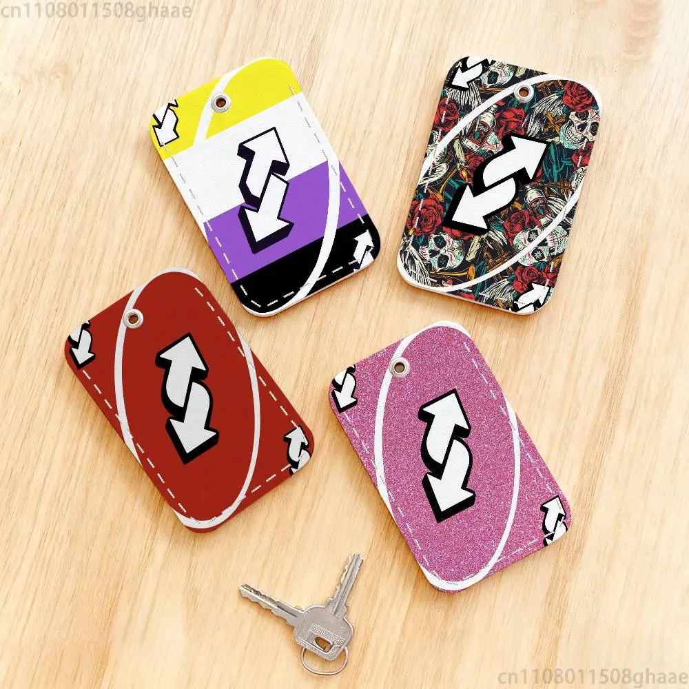 U-UNO Reverse Rectangle Card Case Keychain Access Card Bag Key Tag Ring Leather Card Holder Key Ring Access