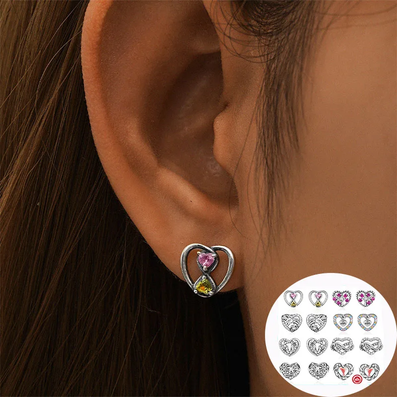 

100% 925 Sterling Silver Zircon Love Heart Studs Earrings for Women Girl Hollow Out Design Jewelry Party Gift Dropshipping