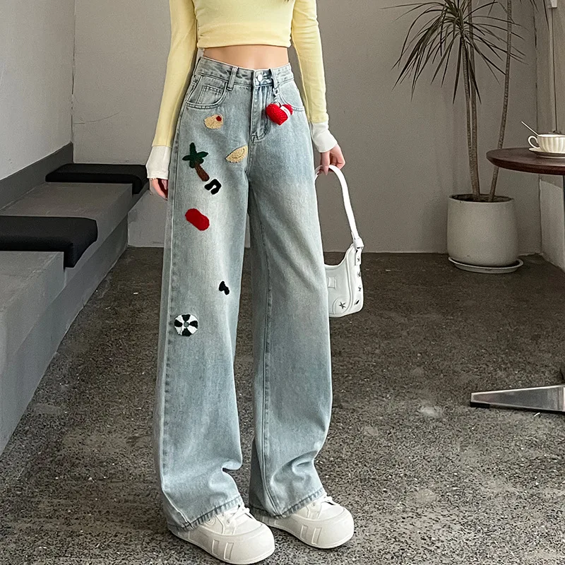 

Heavy Embroidery Jeans Female Spring and Autumn New Light-Colored Casual Wide-Legged Pants Straight Drag Pants Cartoon Casual