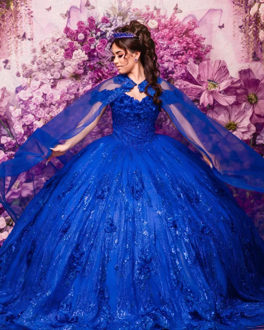 Lorencia Luxury Royal Blue Quinceanera Dresses Ball Gown Floral Applique Crystal With Cape Sweet 16 Dresses Party Gowns YQD68