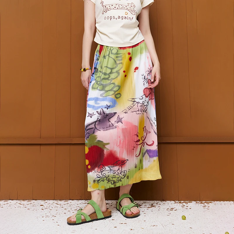ELFSACK Graffiti Printed Pleated Midi Skirt, Colorful Cartoon Pattern A-Line Skirt, Casual Elastic Waist Skirt for Women