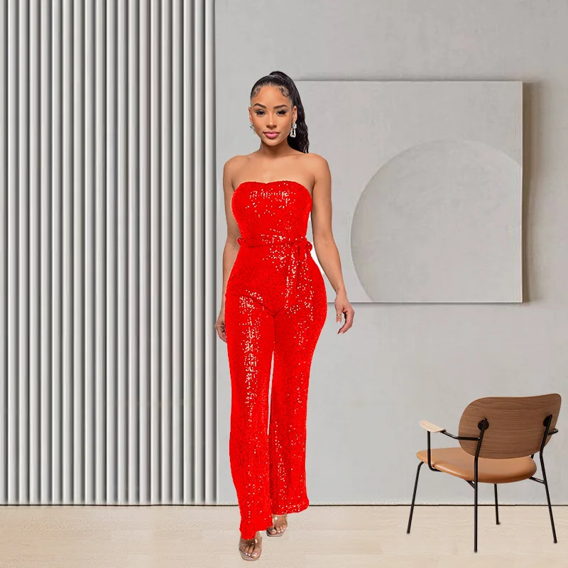 

2025 Premium Sleeveless Belt Onesie INS Wind Tube Top Suspender Sequined Women's Jumpsuit Summer