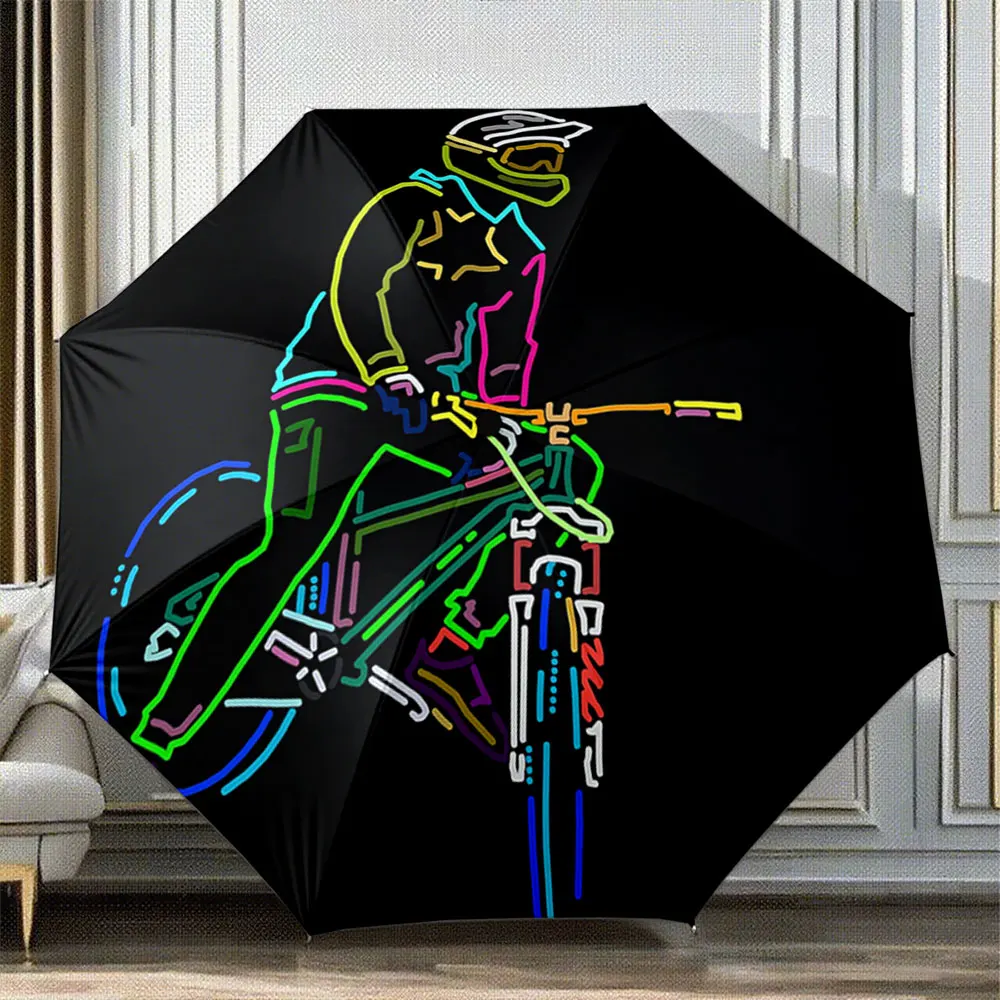 „Neon-Fahrradradler-Design auf schwarzem Hintergrund, faltbarer Regenschirm“ – tragbarer, faltbarer Regenschirm, ein Geschenk für Familie und Freunde.