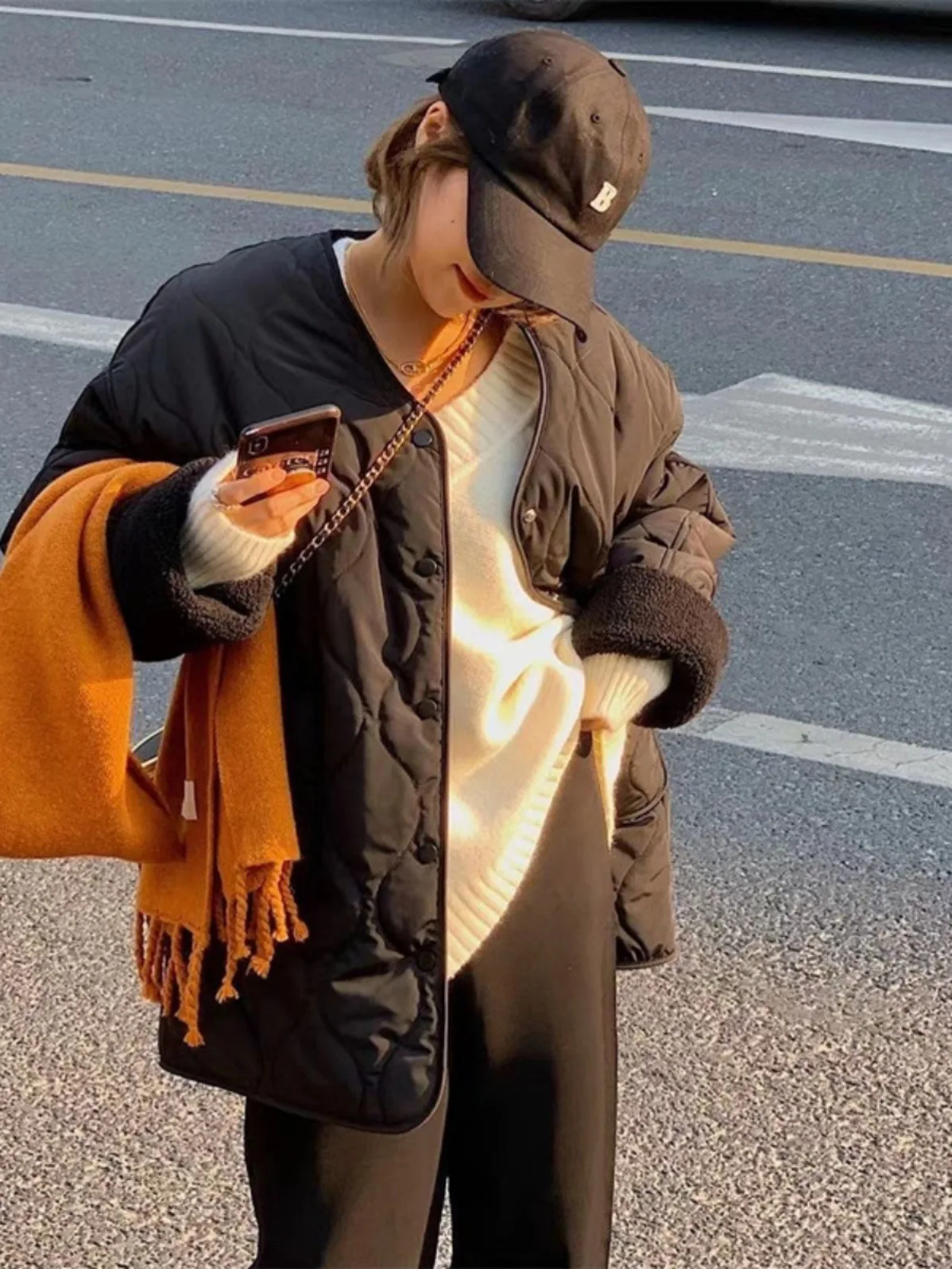 Women's Collarless and Plush Lightweight Winter Cotton Jacket Korean Version Loose Fit Small Fragrant Style Warm and Short