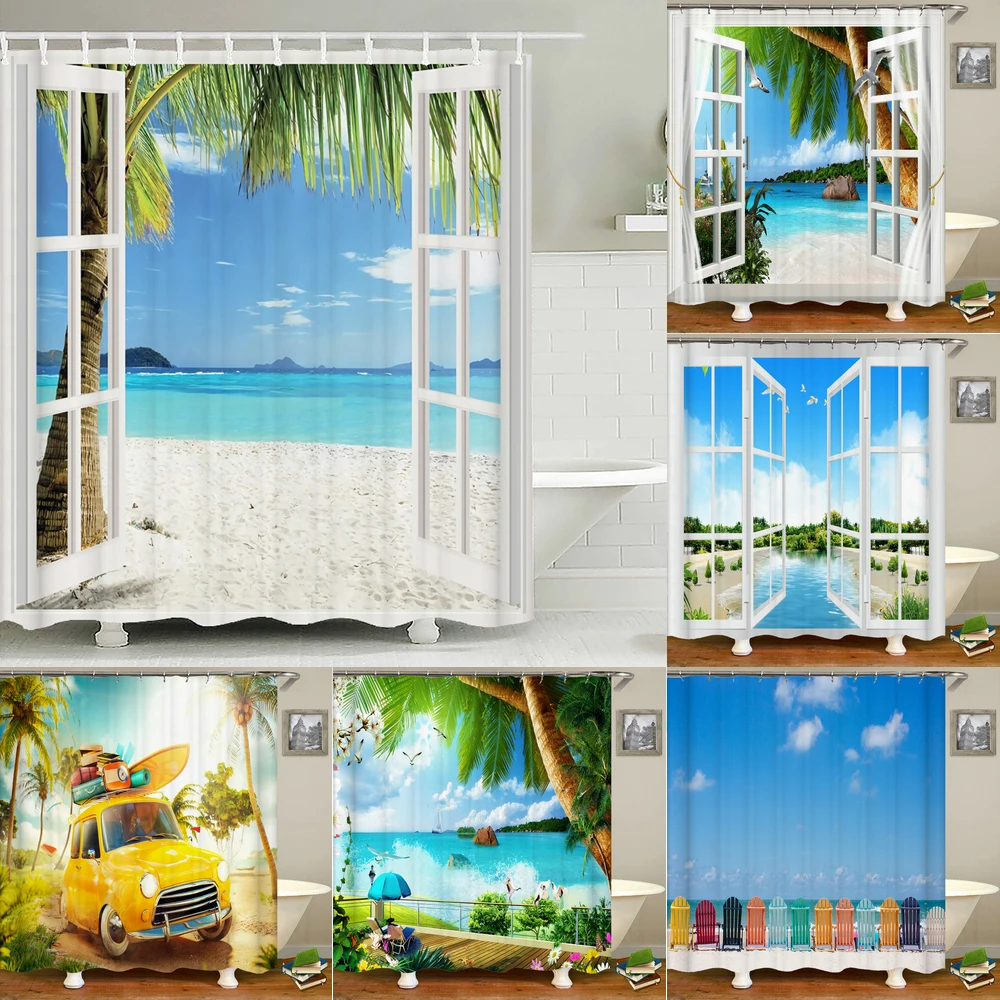 

Sunlight Ocean Beach Fabric Shower Curtain Bathroom Curtains Seaside Scenery Waterproof Polyester Bath Curtains with 12 Hooks