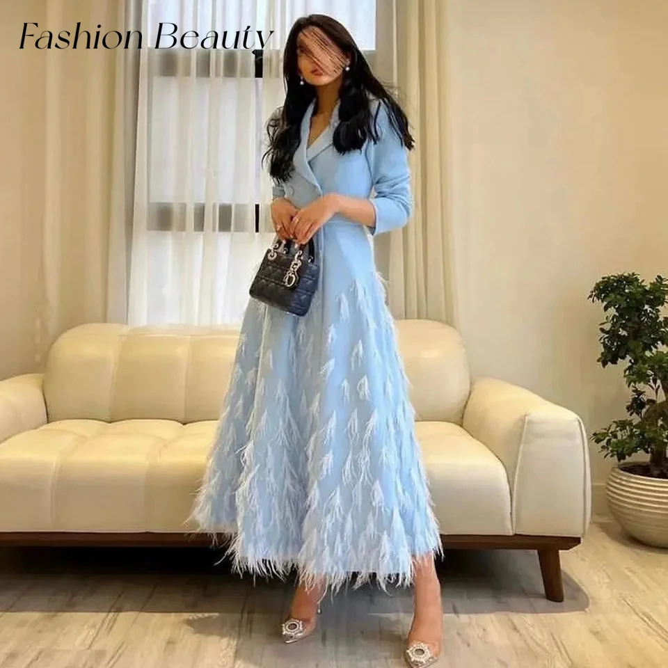 Fashion Beauty Sky Blue Prom Dresses maniche lunghe scollo a V elegante a-line Feathers abiti Vestidos De Gala 2024 muslimah