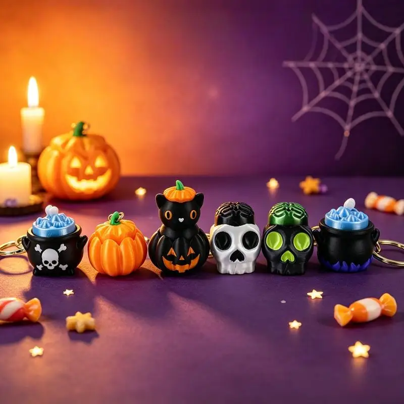 Funny 3D Printed Halloween Keychains Pumpkin Skeleton Witch Black Cat Pendant Halloween Party Favors Gift