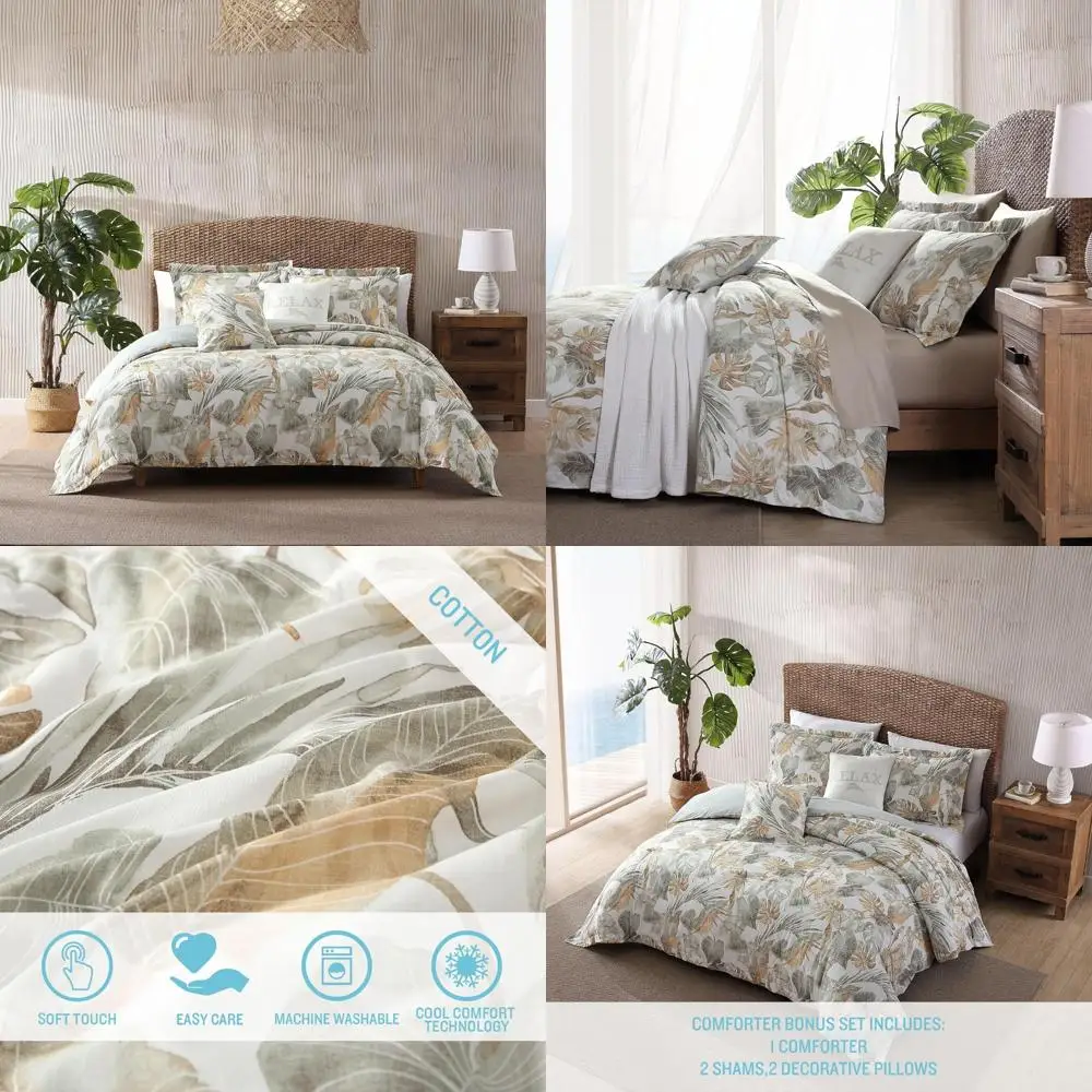 

Luxurious Cotton Duvet Cover Set with Matching Pillow Shams, Tropical Style Bedding Ensemble in Solid Color (Coastal, Raw)
