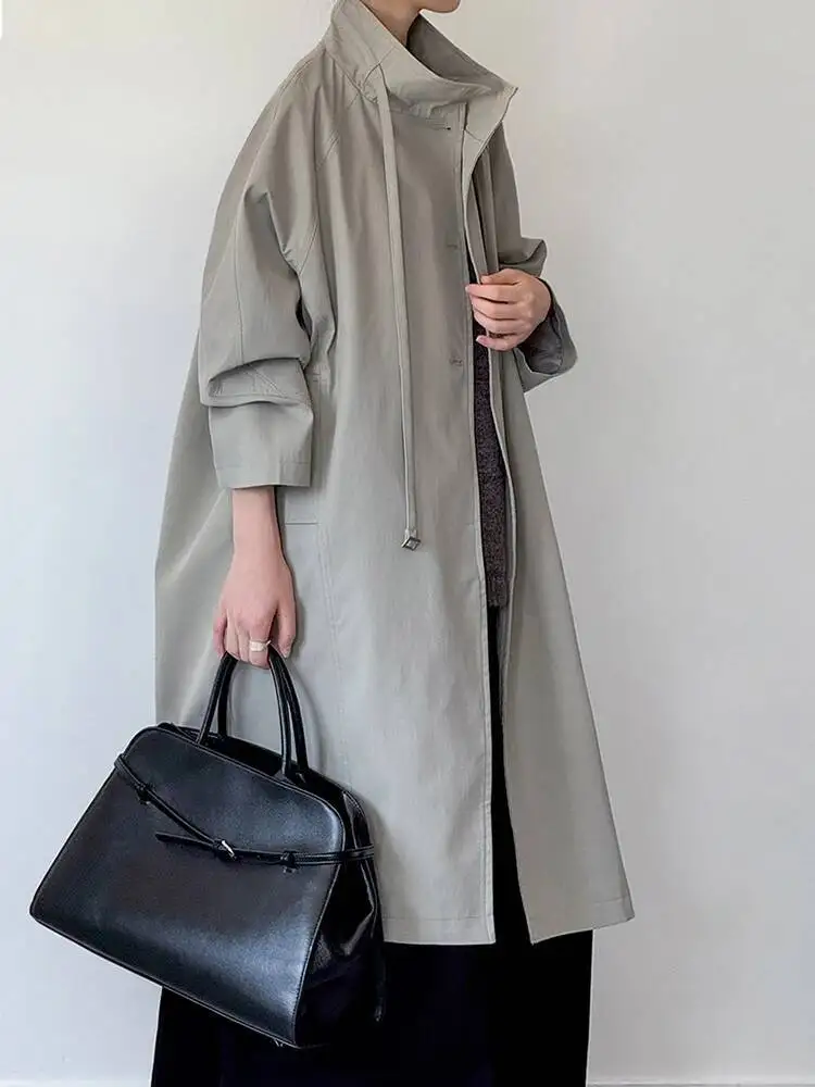 TLXT élégant femmes à lacets conception Trench col montant simple boutonnage bureau dame tempérament Long coupe-vent 2025 hiver nouveau