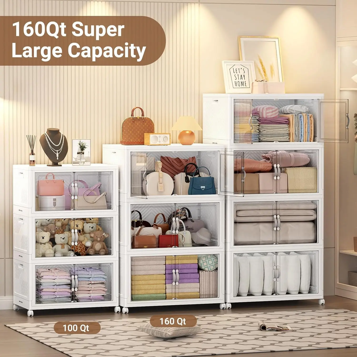 صناديق تخزين كبيرة قابلة للتكديس 640 كيو تي، منظم بلاستيكي شفاف سعة 160 جالون مع غطاء وعجلات، 4 عبوات باللون الأبيض #5