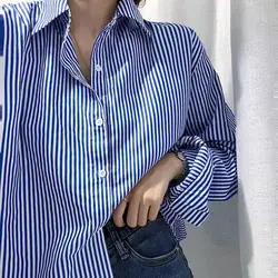 Korea Women Shirt Blouse Blue Vertical Striped Shirt Women's Autumn Clothing Loose Long Sleeve Shirt Blusas Mujer