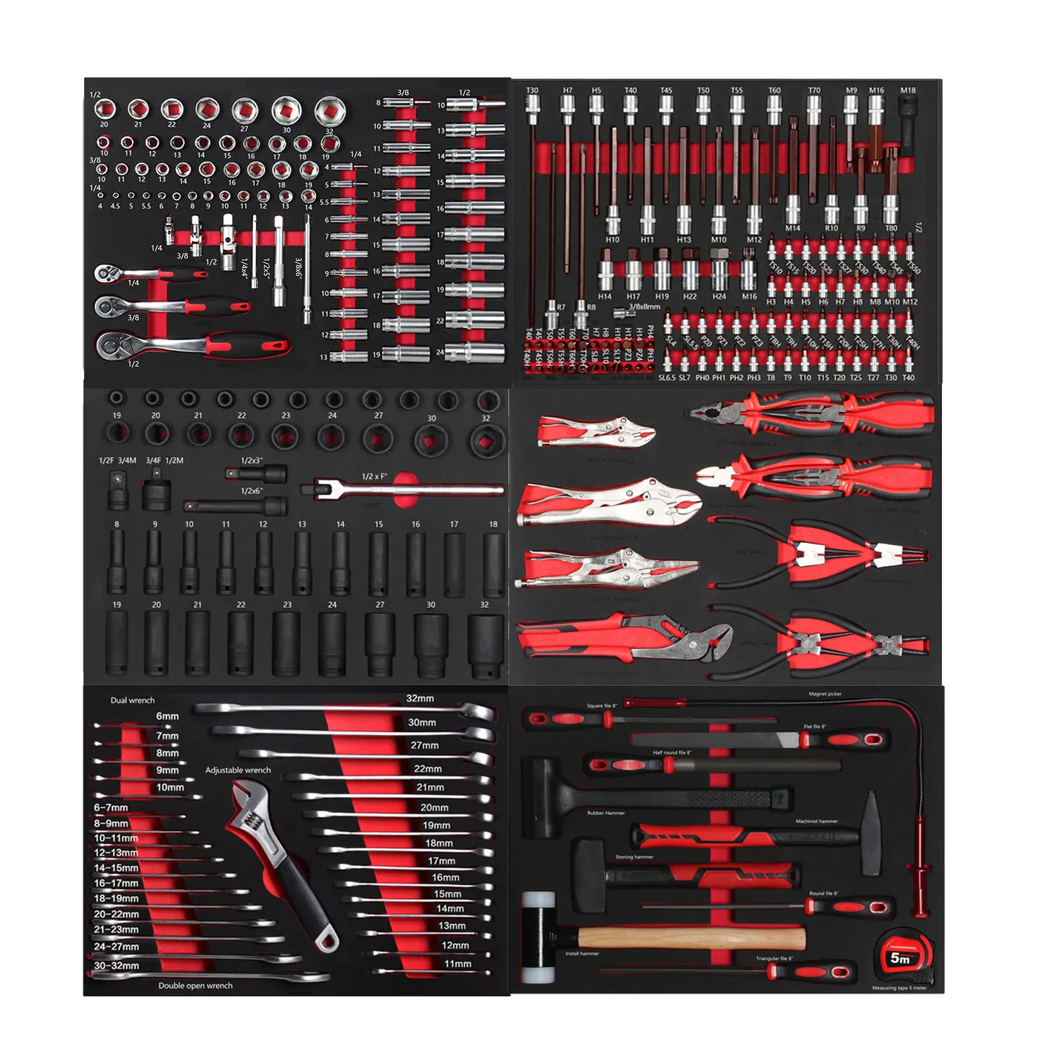 

284 PCS Professional Auto Repairing Tools in Red EVA Foam Tray for Tool Trolley Automotive Repair Tools Garage Equipment