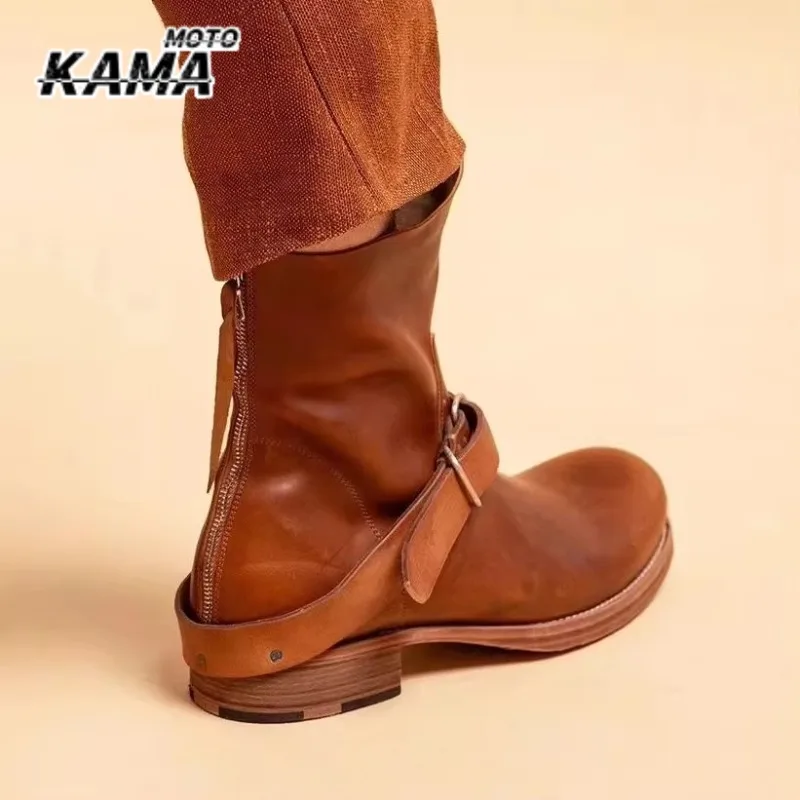 Men's Brownish-Red Buckle Strap Rear Zipper Ankle Boots 2026 Upturned Toes Casual Chunky Heels Leather Shoes Fashion Work Boots