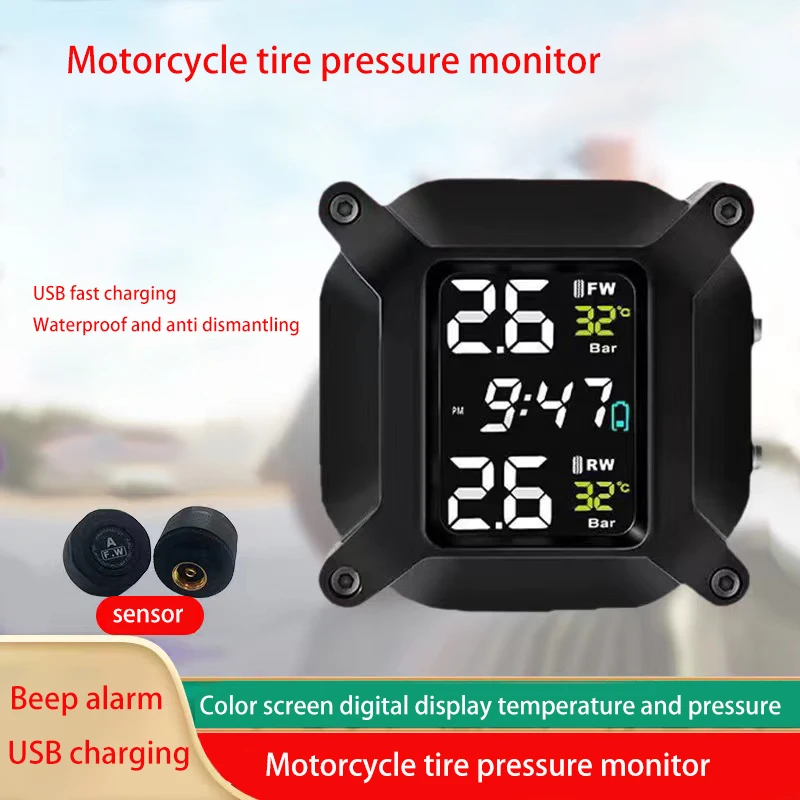 Motorcycle TPMS 0-6.6Bar Test Tire Pressure Monitoring System 2 Sensors Colorful Display Tyre Tester Motorbike Accessories