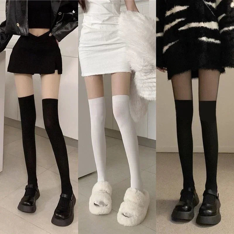 Women's JK Style Fake Over-the-Knee Tights Contrast Color Sheer to Opaque Illusion Pantyhose 3 Colors