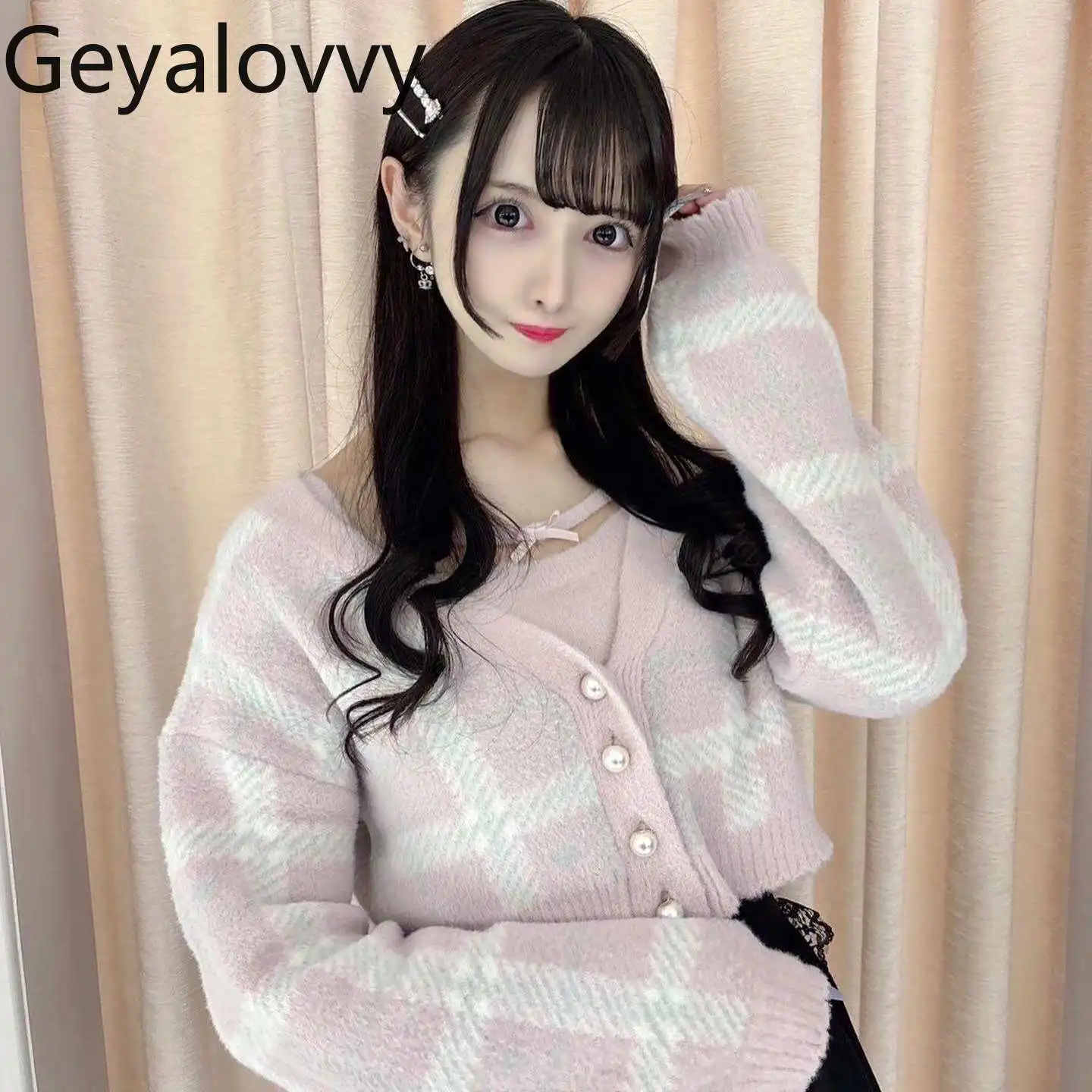 

Japanese Style New Mass-produced Soft Girl Sweet V-neck Plaid Knitting Cardigan and Inner Suspender Tops Two-piece Set