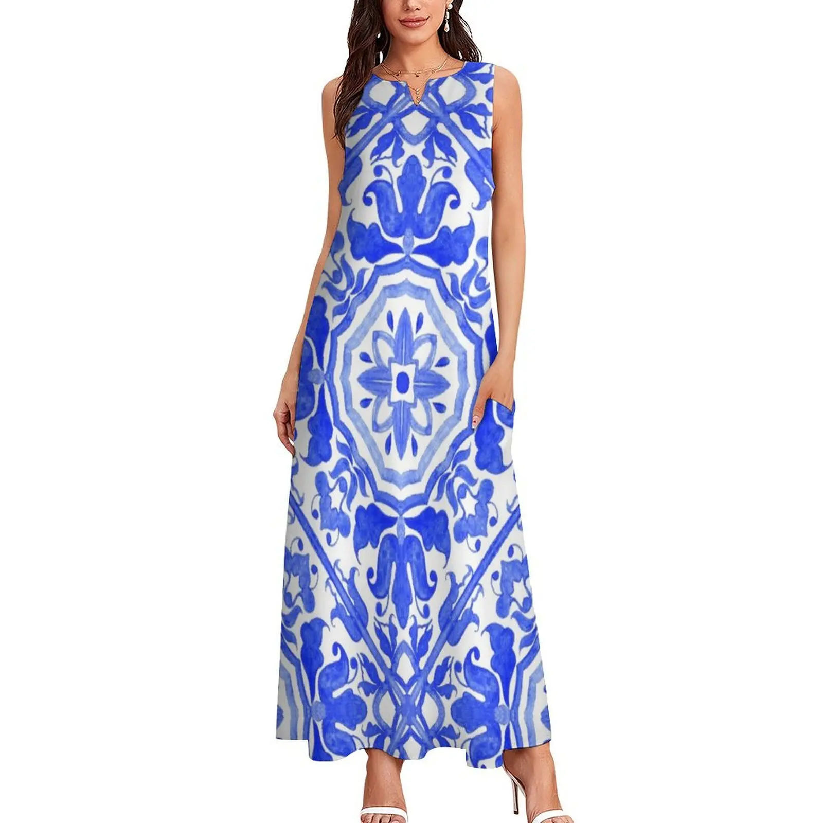 Portuguese azulejo tiles. Long Dress clothes for woman summer women's dress 2025 Dress