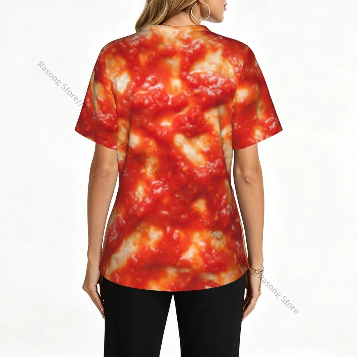 Women V Neck Scrub Top Tomato Sauce On Pizza Base Short Sleeve Nurse Hospital Uniforms Female Working Clothes with Pocket