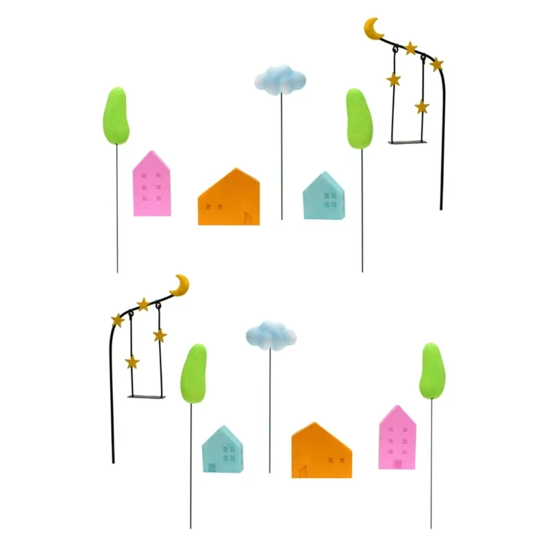 

Garden Miniature Mini House Resin Figurines Flower Stakes Set of 7Pcs Plant Pick for Potted Plant Yard Lawn Decorations