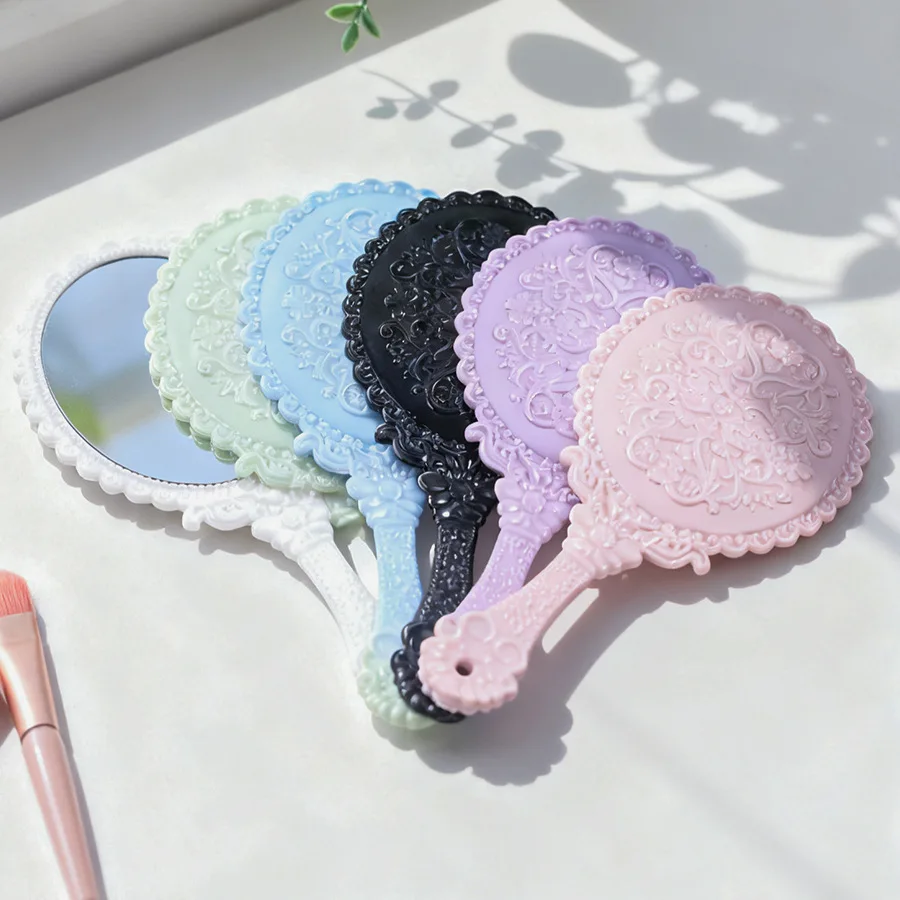 مرآة محمولة بيضاوية أوروبية عتيقة، مقبض زجاجي صغير من جانب واحد مدمج للمحفظة والسفر