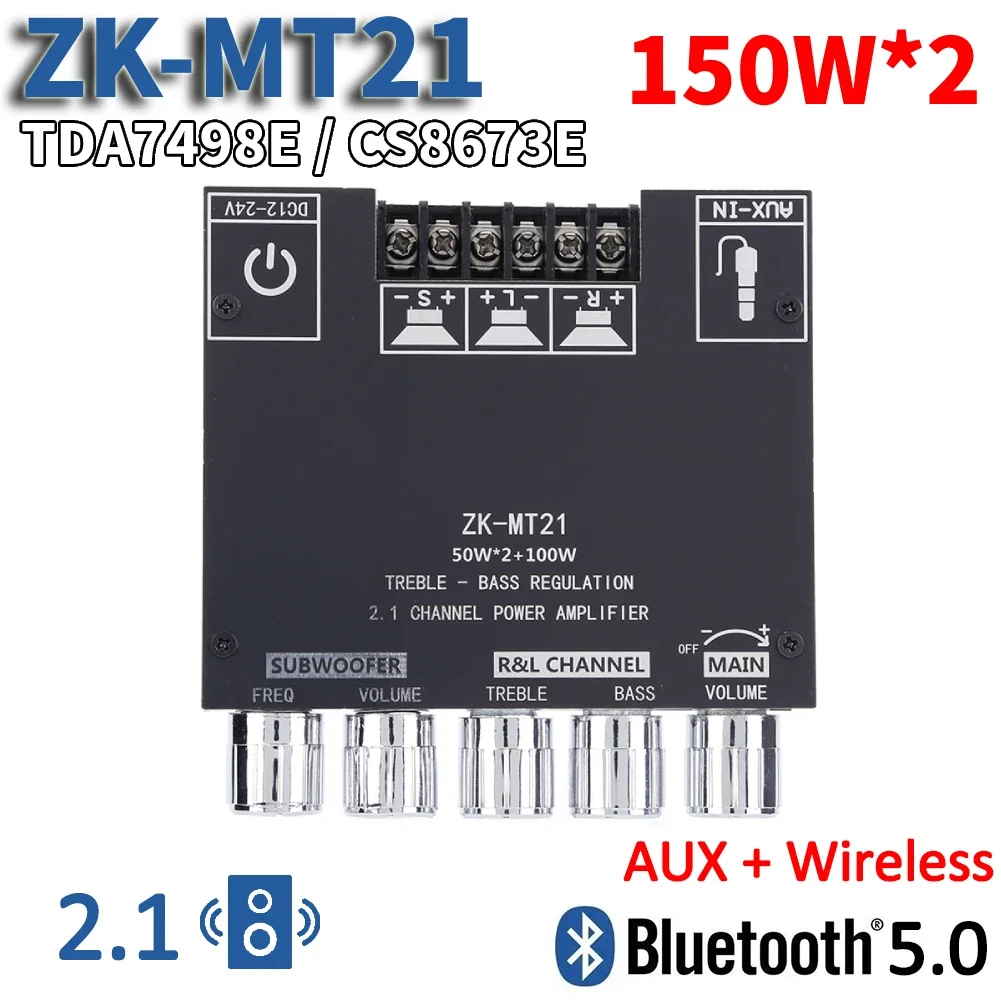 ZK-MT21 100W+2*50W 2.1 Channel Subwoofer Digital Power Amplifier Board AUX 12/24V Audio Stereo Bluetooth 5.0 Amp HiFi For Home