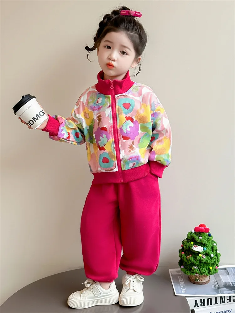 

Girls Suit2025Spring and Autumn New Children's Floral Jacket Internet Celebrity Street Style Sports Two-Piece Baby Outfit
