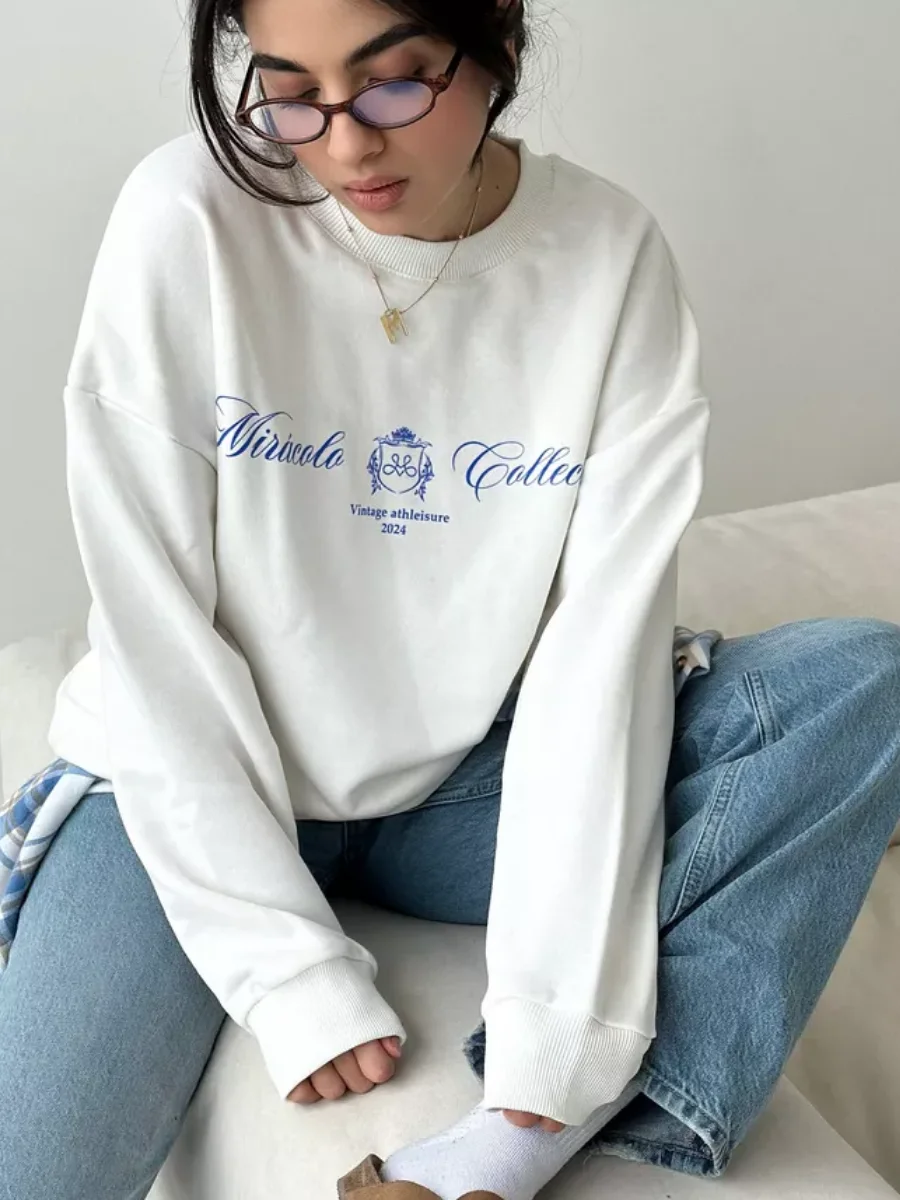 Street Retro Sweater Women Crew Neck Design 2024 Autumn and Winter Velvet Thickened Long Sleeve Sweatshirts